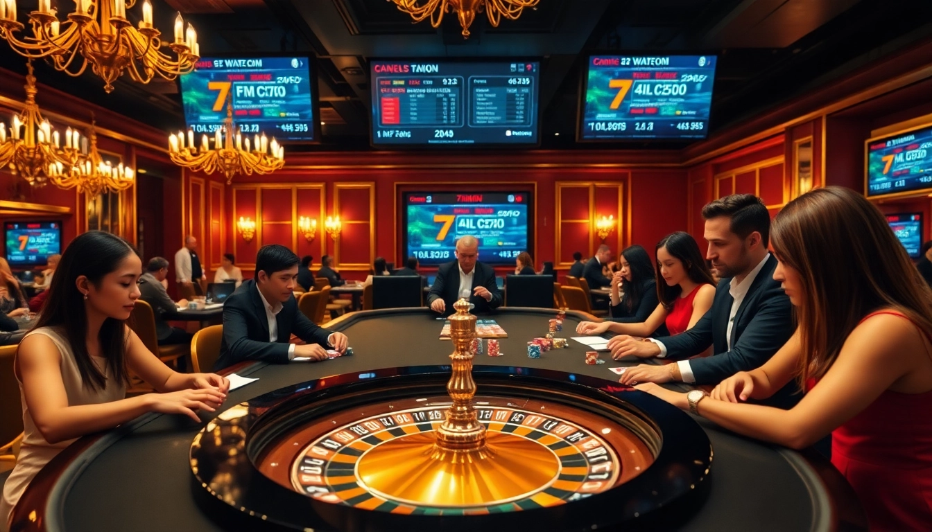 Exciting players engaged in live betting activities at 7mcn with roulette wheel and poker chips.