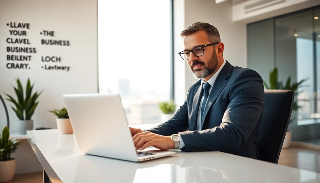 Engaging business coach los Angeles conducting a video call in a modern office setting.