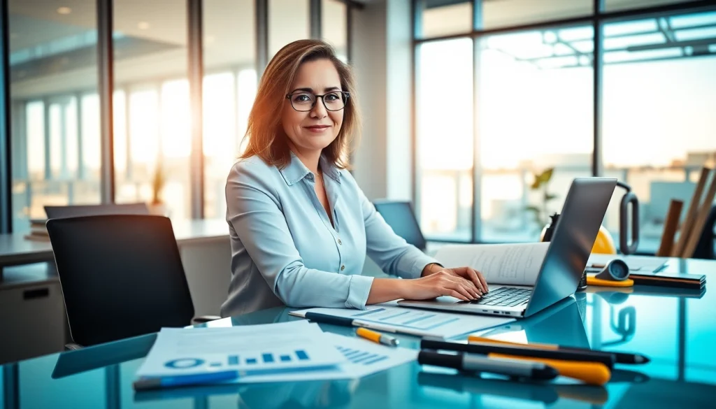 Profesjonalny księgowy pracujący w nowoczesnym biurze, prezentujący zarządzanie finansami w biurze rachunkowym dla firm budowlanych.