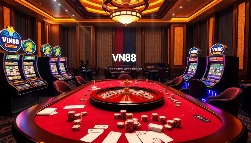 Experience the thrill of online gambling with VN88 at a vibrant casino table featuring poker actions, roulette, and slots.