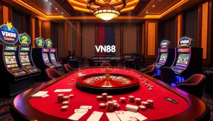 Experience the thrill of online gambling with VN88 at a vibrant casino table featuring poker actions, roulette, and slots.