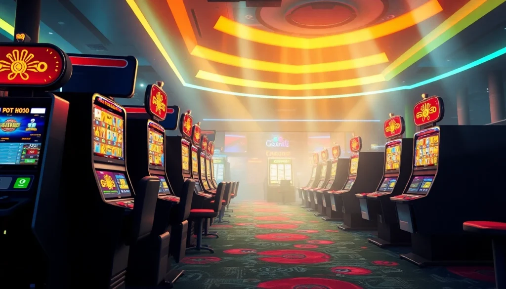 A cena do cassino Bet dá Sorte, mostrando máquinas caça-níqueis e jogadores animados.