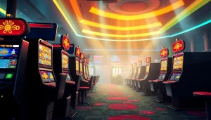 A cena do cassino Bet dá Sorte, mostrando máquinas caça-níqueis e jogadores animados.