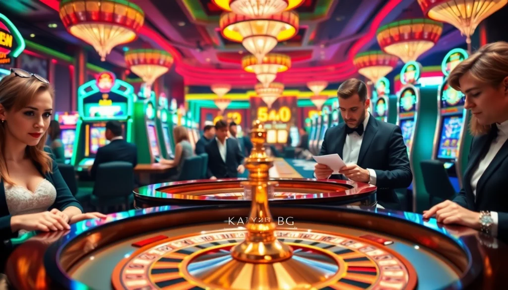 Experience thrilling gameplay at https://hay88.deal/ with vibrant casino visuals and players at the roulette table.