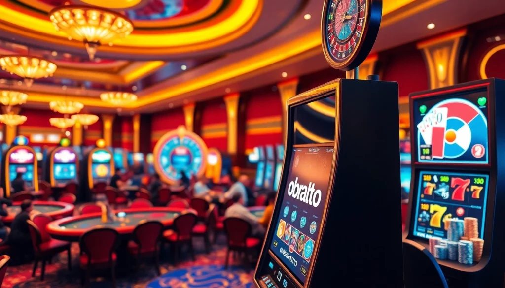 Engaging slot machine scene depicting obraltoto gameplay with vibrant ambience and focused players.