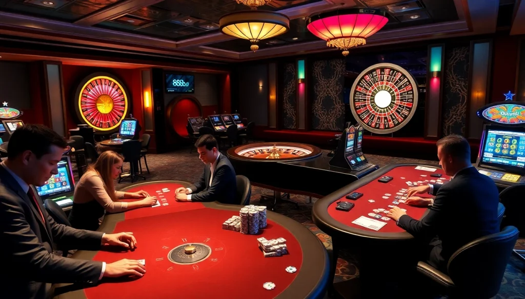 Experience the thrill of 888b online with an exciting casino scene showcasing poker and slot excitement.