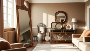 Showcase unique designer mirrors on https://merithome.co.uk in a sophisticated living room.