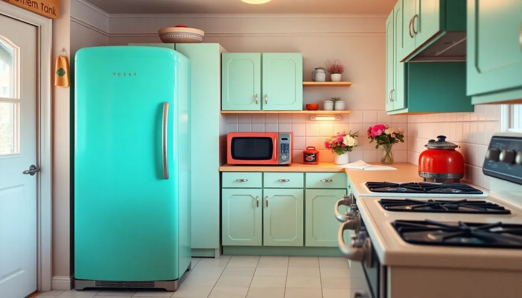 Showcase retro appliances in a colorful vintage kitchen highlighting a mint green refrigerator.