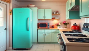 Showcase retro appliances in a colorful vintage kitchen highlighting a mint green refrigerator.