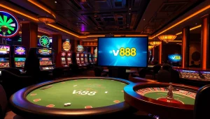 Vibrant casino scene illustrating players engaging with vn88 online betting interface and classic gambling elements.