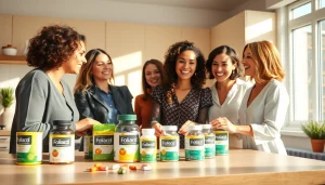 現代的なキッチンで多様な女性が葉酸サプリのおすすめについて語り合う場面。