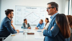 Crisis management consultant guiding corporate team through strategic planning session.