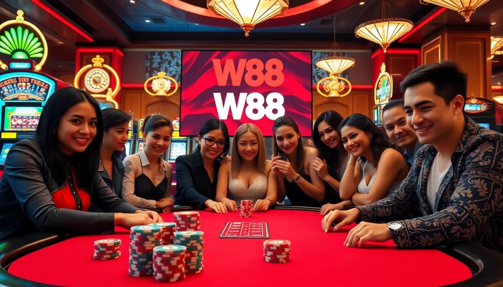 Những người chơi poker đầy phấn khích thể hiện tinh thần gắn kết với W88 tại bàn casino sang trọng với những chip poker sống động và các máy đánh bạc lấp lánh.