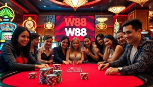Những người chơi poker đầy phấn khích thể hiện tinh thần gắn kết với W88 tại bàn casino sang trọng với những chip poker sống động và các máy đánh bạc lấp lánh.