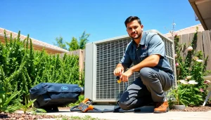 Expert in ac repair glendale az servicing an air conditioning unit in a serene garden.