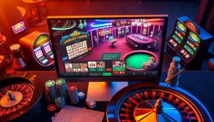 Experience the excitement of Trang chủ S88VIP through vibrant casino visuals featuring poker tables and slot machines.