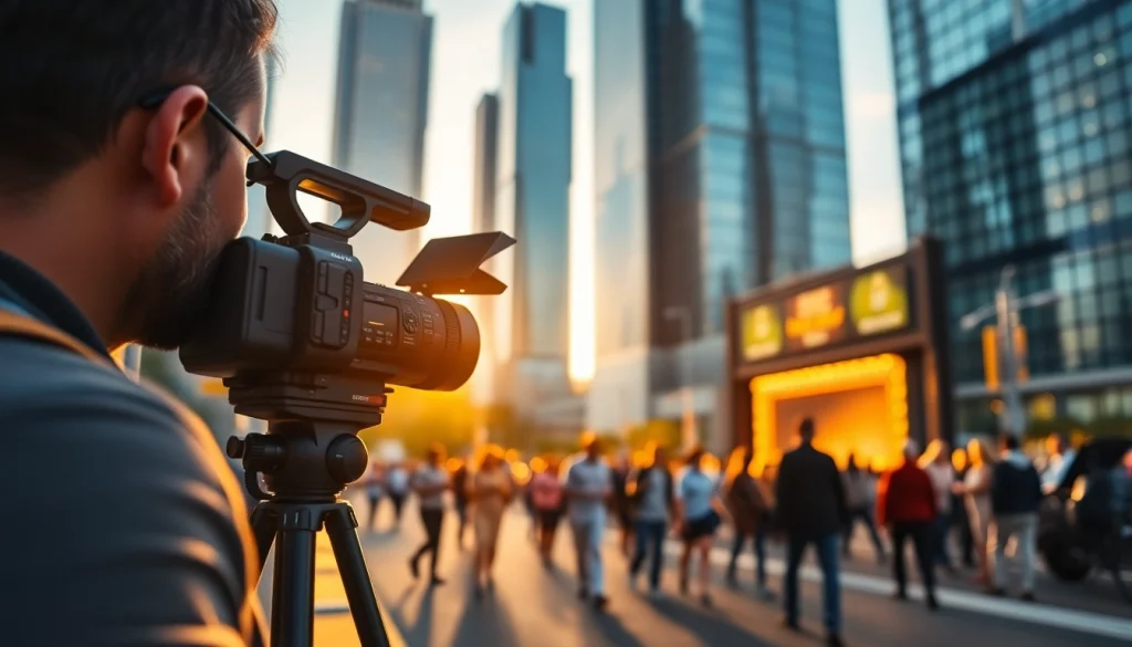 Videographer capturing a street performance in a vibrant urban setting during golden hour.