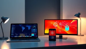 快连官网 showcasing a modern digital workspace with multiple devices and global network connections.