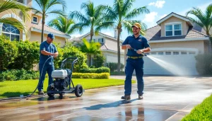 Professional pressure wash team restoring a driveway in Kissimmee, FL, showcasing effective cleaning.