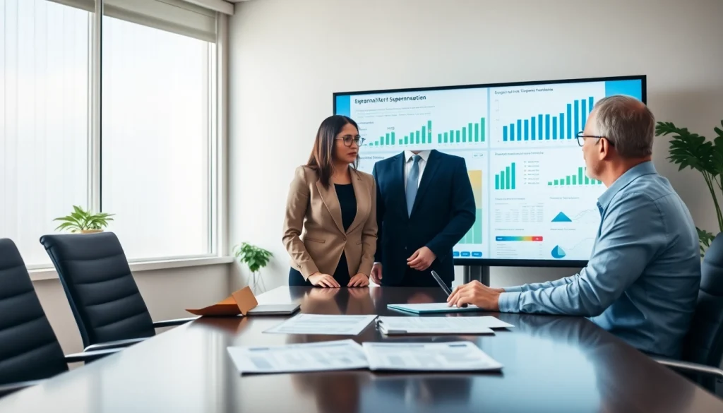 SMSF set up consultation scene with a financial advisor guiding clients in a modern office.