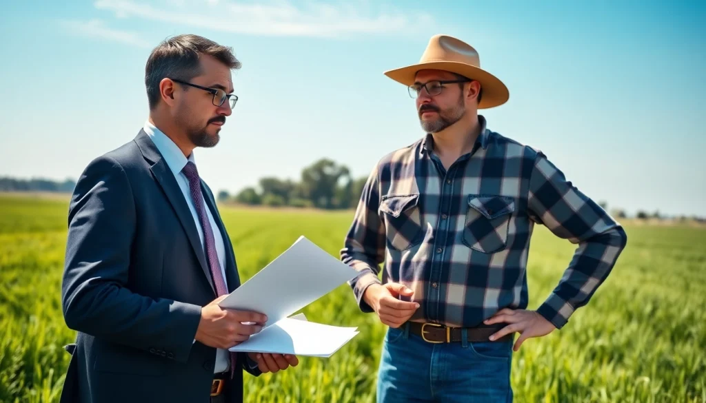 Agriculture lawyer advising a farmer in a bright field, emphasizing legal expertise and support.