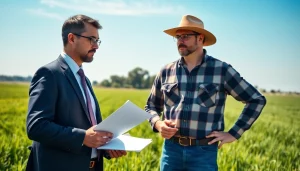 Agriculture lawyer advising a farmer in a bright field, emphasizing legal expertise and support.