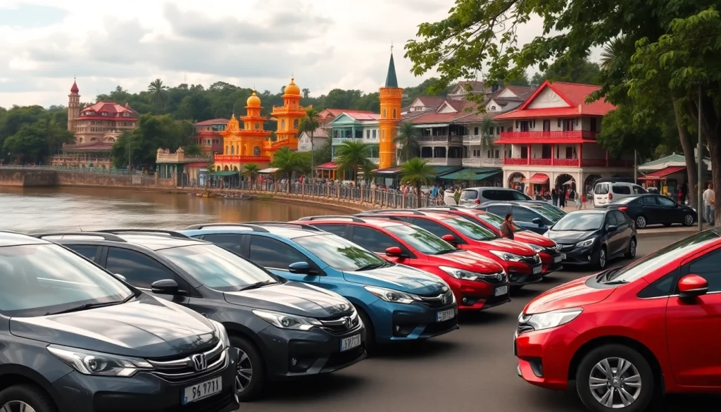 Kuching rent car scene with tourists enjoying diverse rental cars by the river.