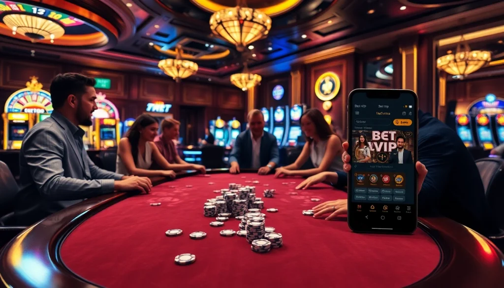 Trải nghiệm trò chơi ly kỳ với ứng dụng Bet VIP trong không gian casino sang trọng.