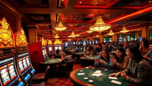 Engaging slot community scene with players enjoying various casino games and machines.