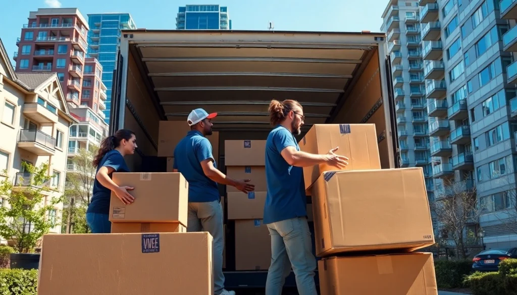 Efficient movers Vancouver actively loading boxes into a truck in a bright urban setting.