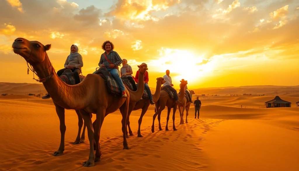 Marrakech camel ride and quad biking experience at sunset in the Agafay Desert, showcasing joyful riders and serene landscapes.