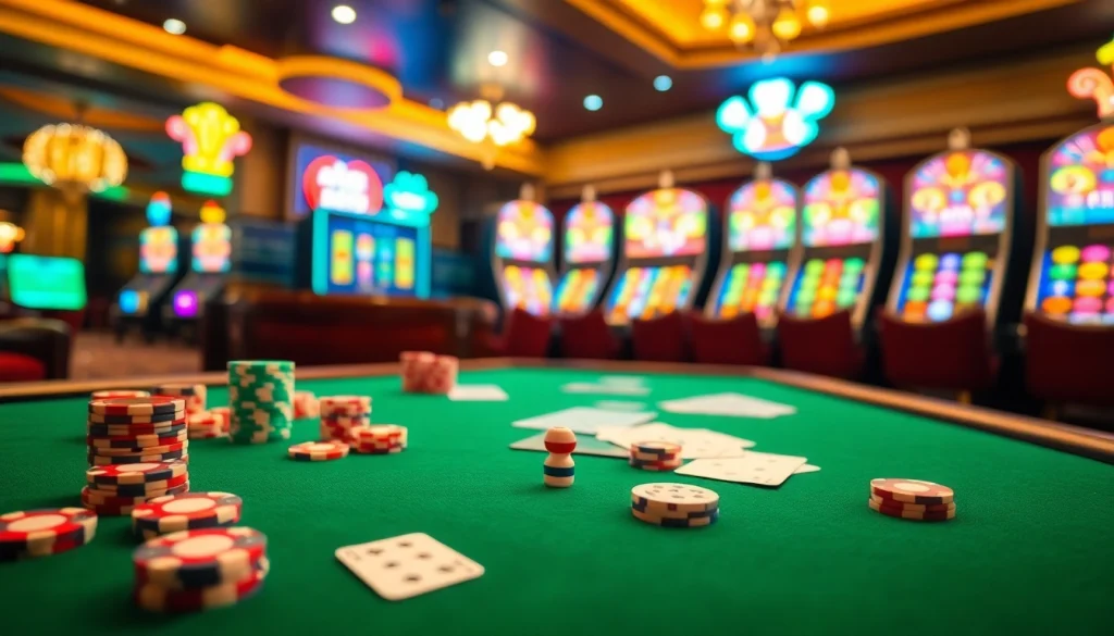 Experience the excitement of gambling at Nhà cái F8BET with vibrant casino elements like poker chips and roulette wheels.