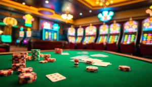 Experience the excitement of gambling at Nhà cái F8BET with vibrant casino elements like poker chips and roulette wheels.