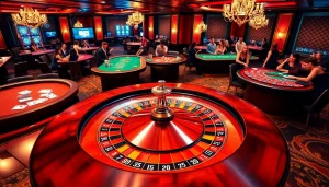 Players celebrating a net win at a luxurious casino, surrounded by roulette and poker games.