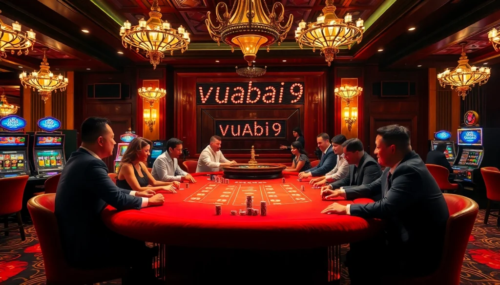 Vuabai9 players engaging at a luxurious poker table in a vibrant casino setting.