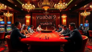Vuabai9 players engaging at a luxurious poker table in a vibrant casino setting.