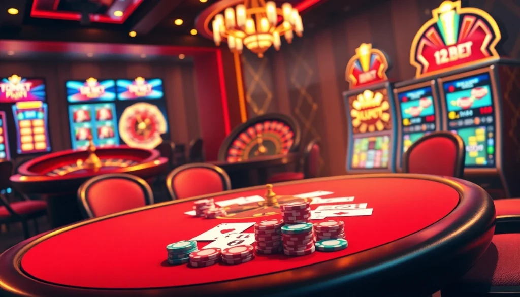 Engaging players betting on 12bet's online platform with casino tables and vibrant visuals.