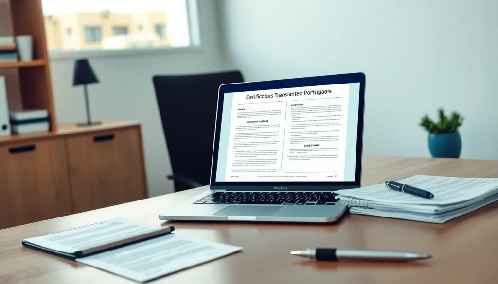 Espace de travail professionnel pour un traducteur assermenté portugais mettant en évidence des documents et outils de traduction.