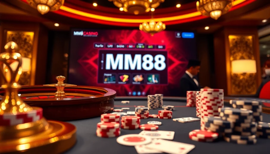 Experience the excitement of Trang Chủ MM88 with vibrant casino visuals featuring roulette and poker.