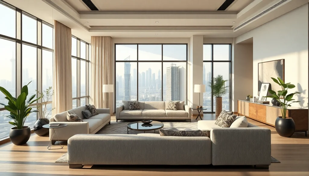 Visualize a luxurious interior design dubai apartment highlighting modern elegance and sophistication.