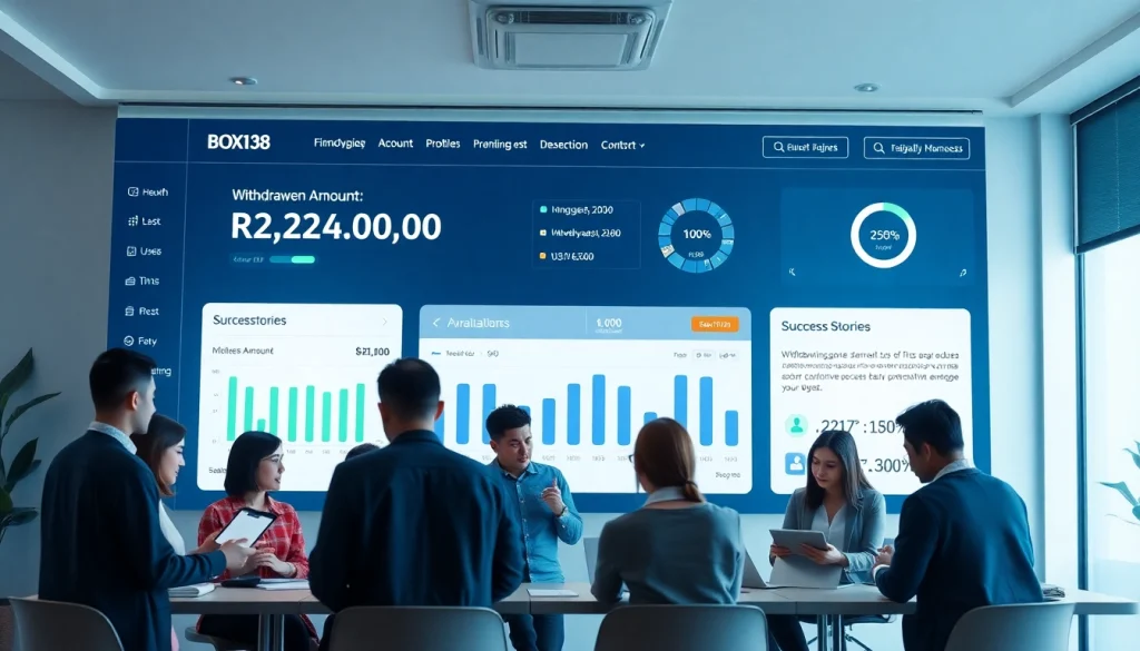 Users celebrating financial success on a BOX138 dashboard interface showing Rp 2.424.000,00 withdrawal.