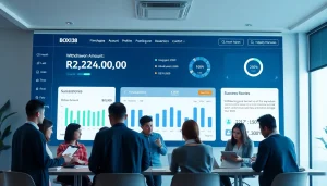 Users celebrating financial success on a BOX138 dashboard interface showing Rp 2.424.000,00 withdrawal.