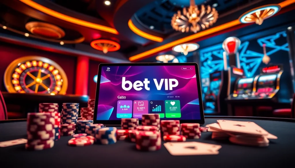 Giao diện ứng dụng Bet VIP hiển thị trong bối cảnh casino sang trọng với các chip cược và lá bài poker.