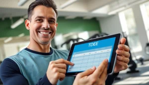 Calculate your TDEE calculator with a fitness expert in a modern gym setting.