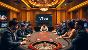 Exciting gaming scene showcasing V9bet poker table with players engaged in high-stakes action.