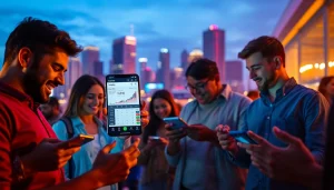 Engaged users placing bets on sports betting Texas through a dynamic mobile app in a bustling city.