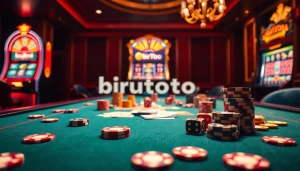 Engage with the thrilling world of birutoto through a vibrant casino scene filled with poker chips and cards.