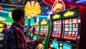 Mainkan mesin slot winmy yang berwarna-warni dengan pemain teruja di kasino