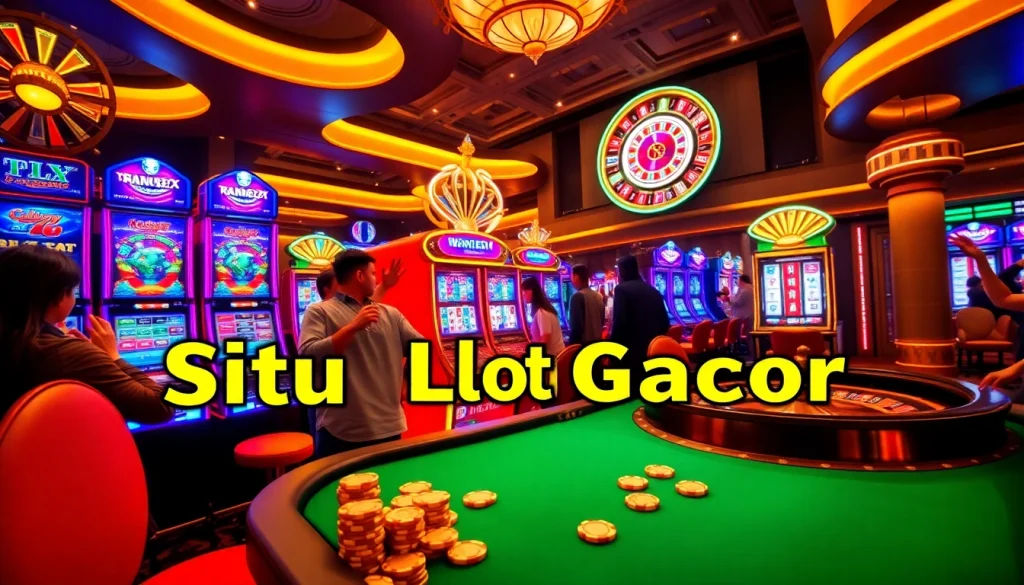 Situs Slot Gacor players celebrating a big win at vibrant slot machines in a luxurious casino.