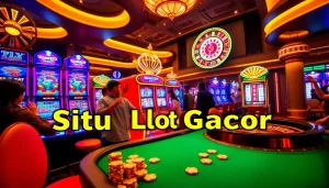 Situs Slot Gacor players celebrating a big win at vibrant slot machines in a luxurious casino.